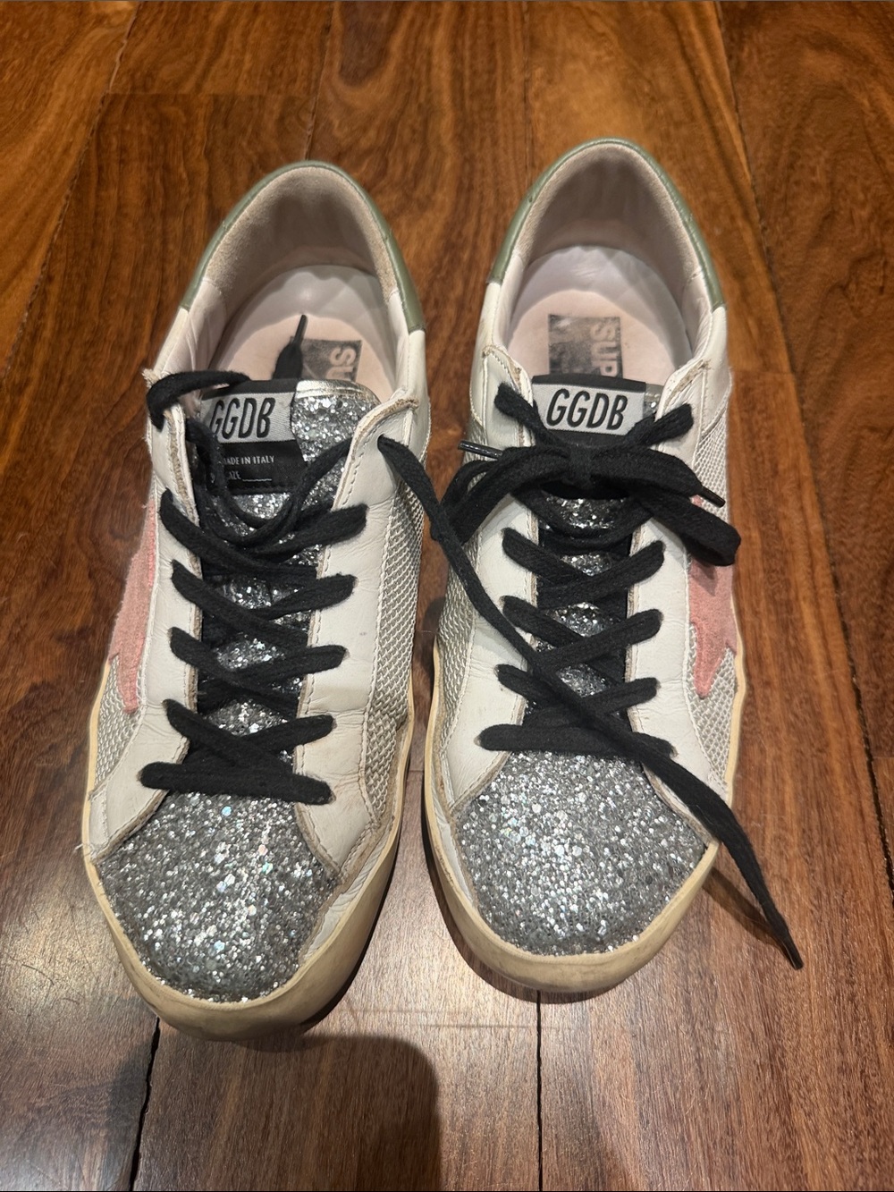 Golden Goose Women's Silver Glitter Sneakers with Pink Star